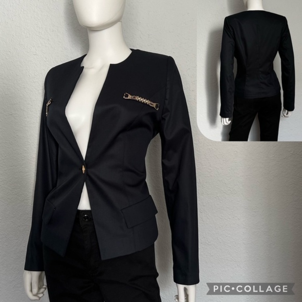 NEW WOMEN BLAZER NAVY BLUE JACKET ONE BUTTON LINED ROUND NECK COLLARLESS‎